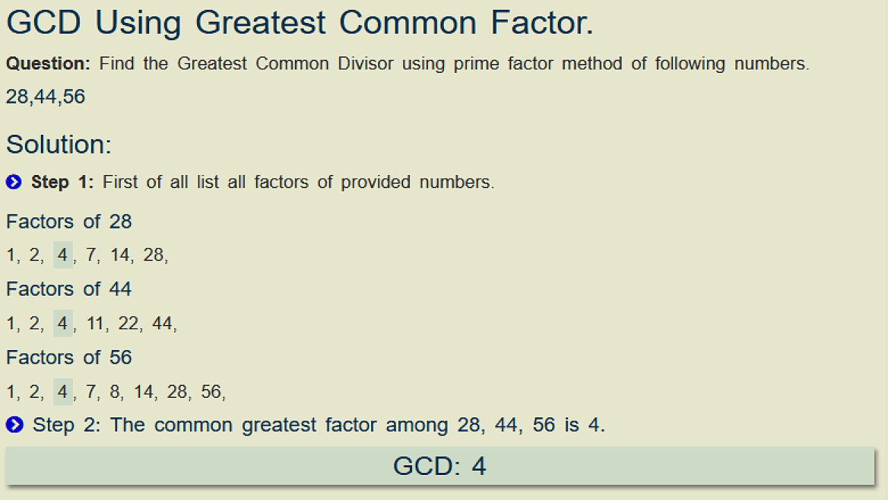 gcd using Greatest Common Factor method